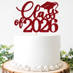 Red Glittering Grad Class of 2026 Cake Pick Topper